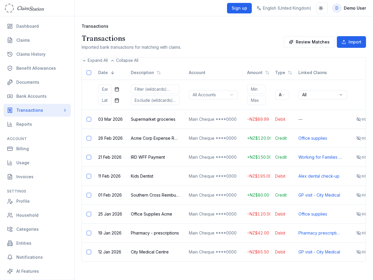 ClaimStation transactions view